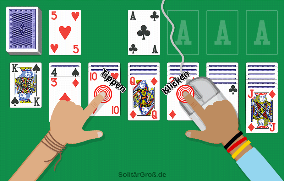 Klicke oder tippe auf die Karten, um Solitär zu spielen, oder verschiebe sie mit deiner Maus oder deinen Fingern